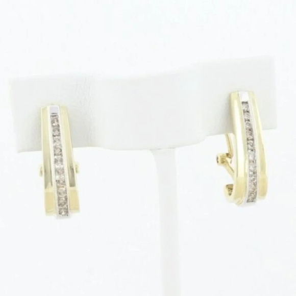 10k Yellow Gold & White Gold Diamond Hoop Earrings Omega Back - Picture 1 of 8